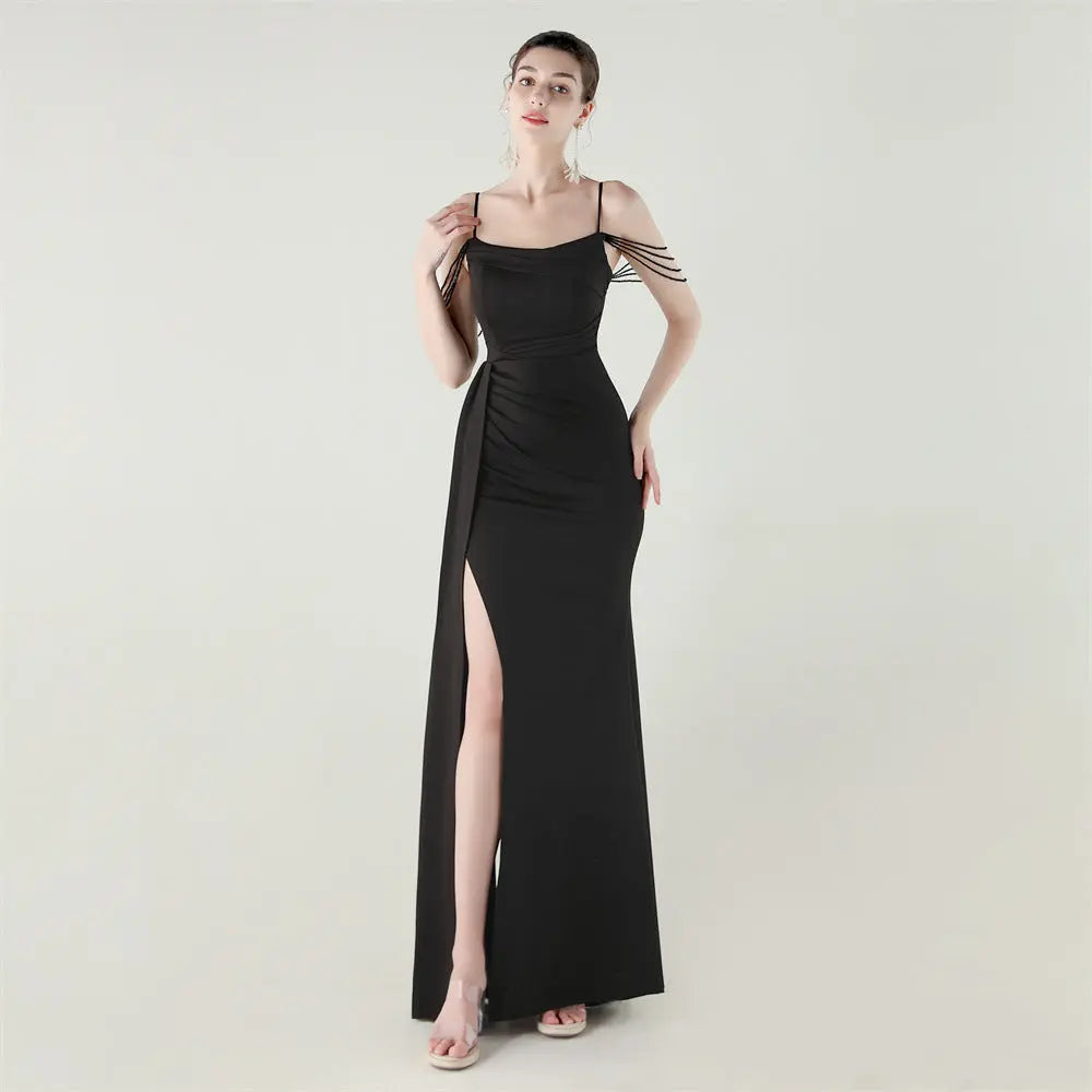 Bandeau Sling Satin Craft Beaded Chain Fishtail Evening Dress Dinner Wedding Ball Bella Mia