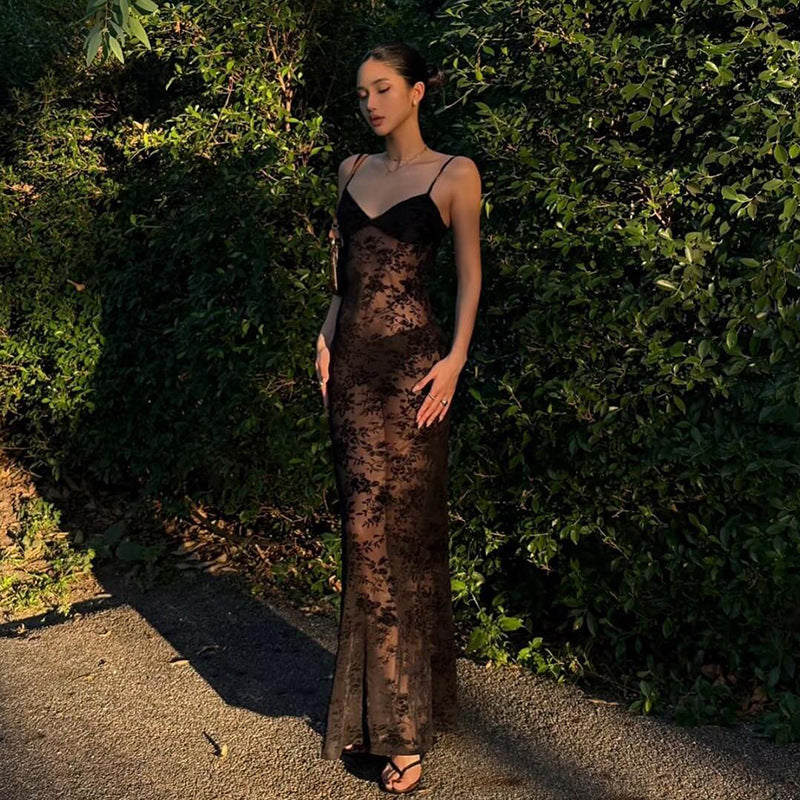 Spring Summer Women Mesh Sexy See through V neck Backless Slim Fit Sling Dress Bella Mia