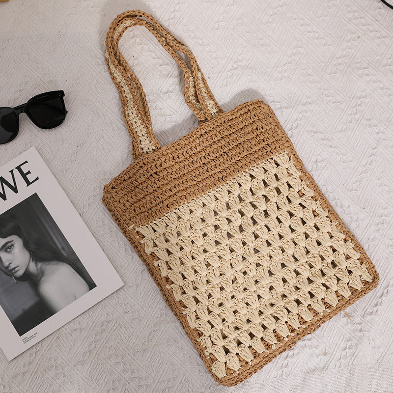 Color Matching Hollow Out Cutout out Crochet Shoulder Straw Bag Special Interest Design Hand Woven Bag Seaside Vacation Beach Bag Bella Mia