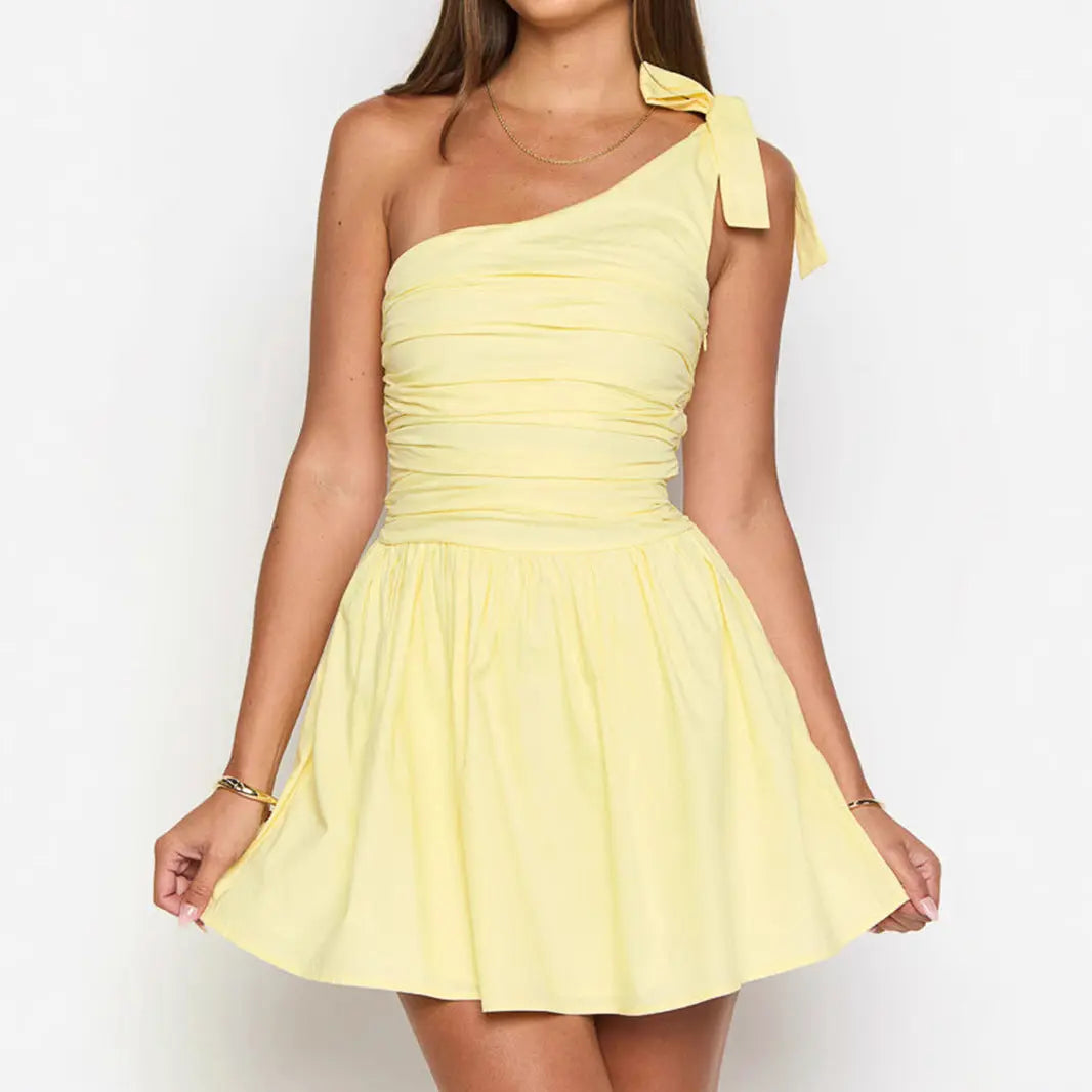 Women Wear Oblique Shoulder Bow Pleated Slim Summer Dress Women Yellow Sweet Spicy Dress Bella Mia
