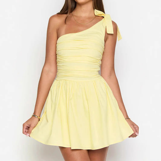 Women Wear Oblique Shoulder Bow Pleated Slim Summer Dress Women Yellow Sweet Spicy Dress Bella Mia