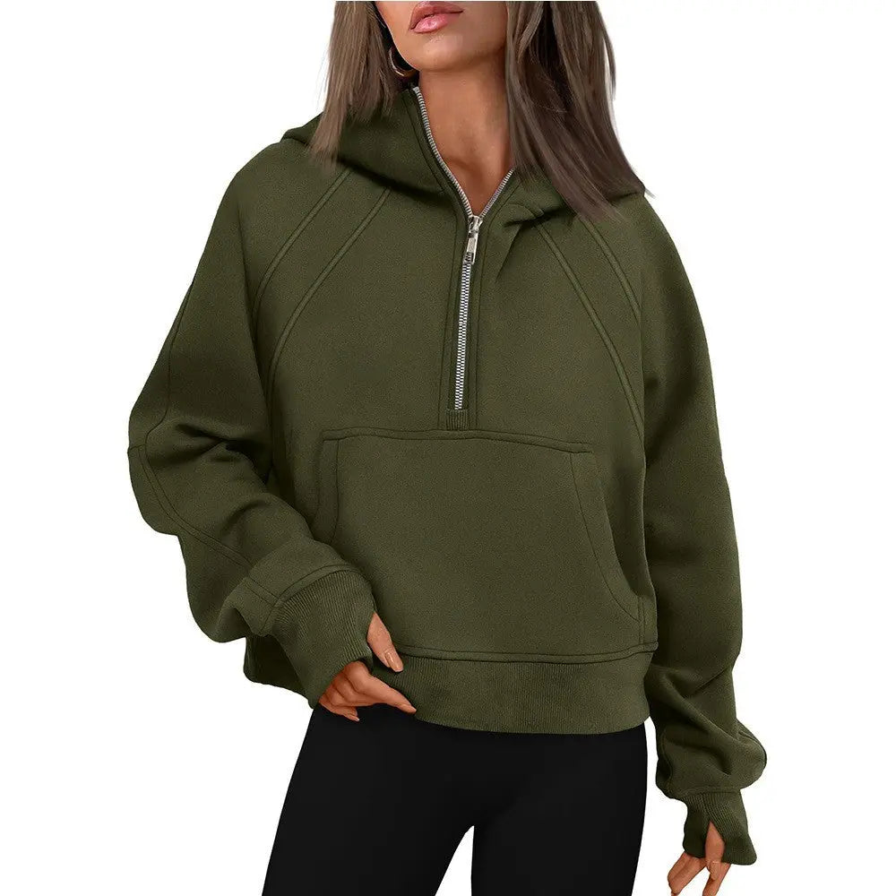 Half Zipper Pullover Hooded Sweatshirt Fleece Short Chic Scuba Sweater for Women Bella Mia