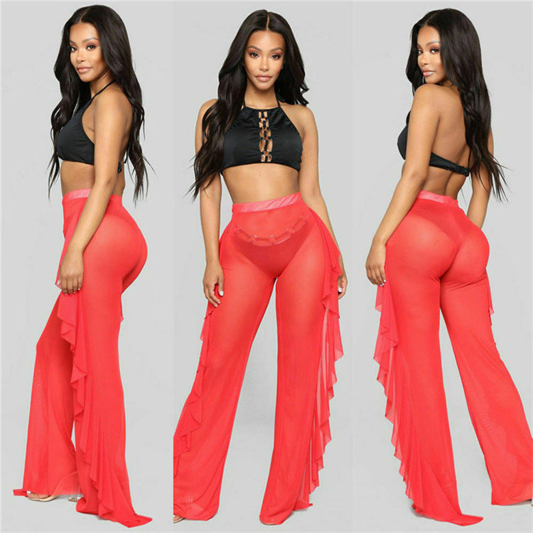 Ruffled Solid Color Casual Sexy Yarn Pants See through Women Beach Vacation Trousers Bella Mia