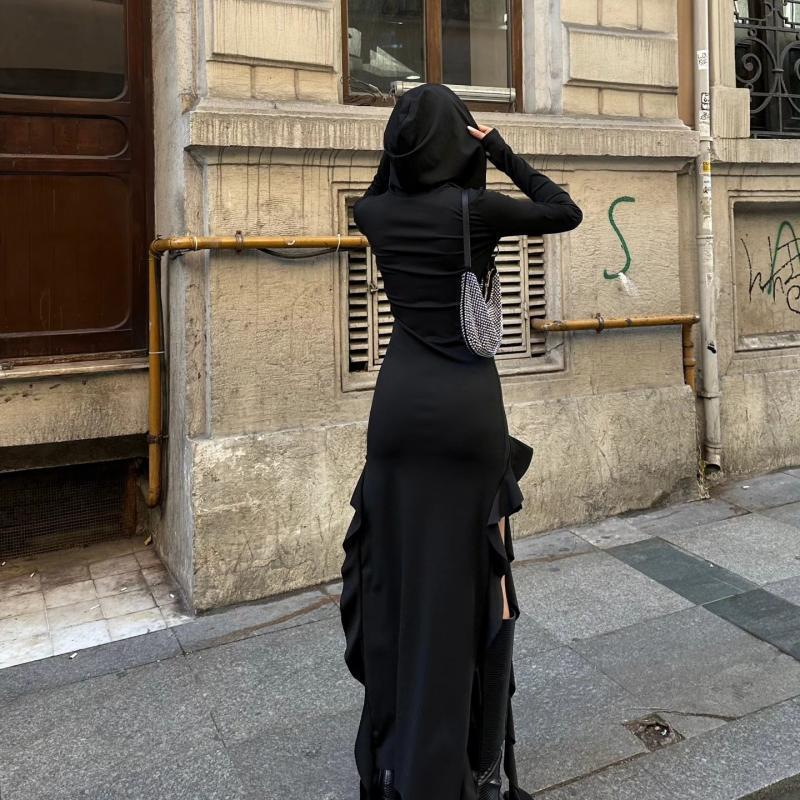 Summer Popular Trend Ruffled Stitching Long Sleeve Hooded Irregular Asymmetric Dress Bella Mia