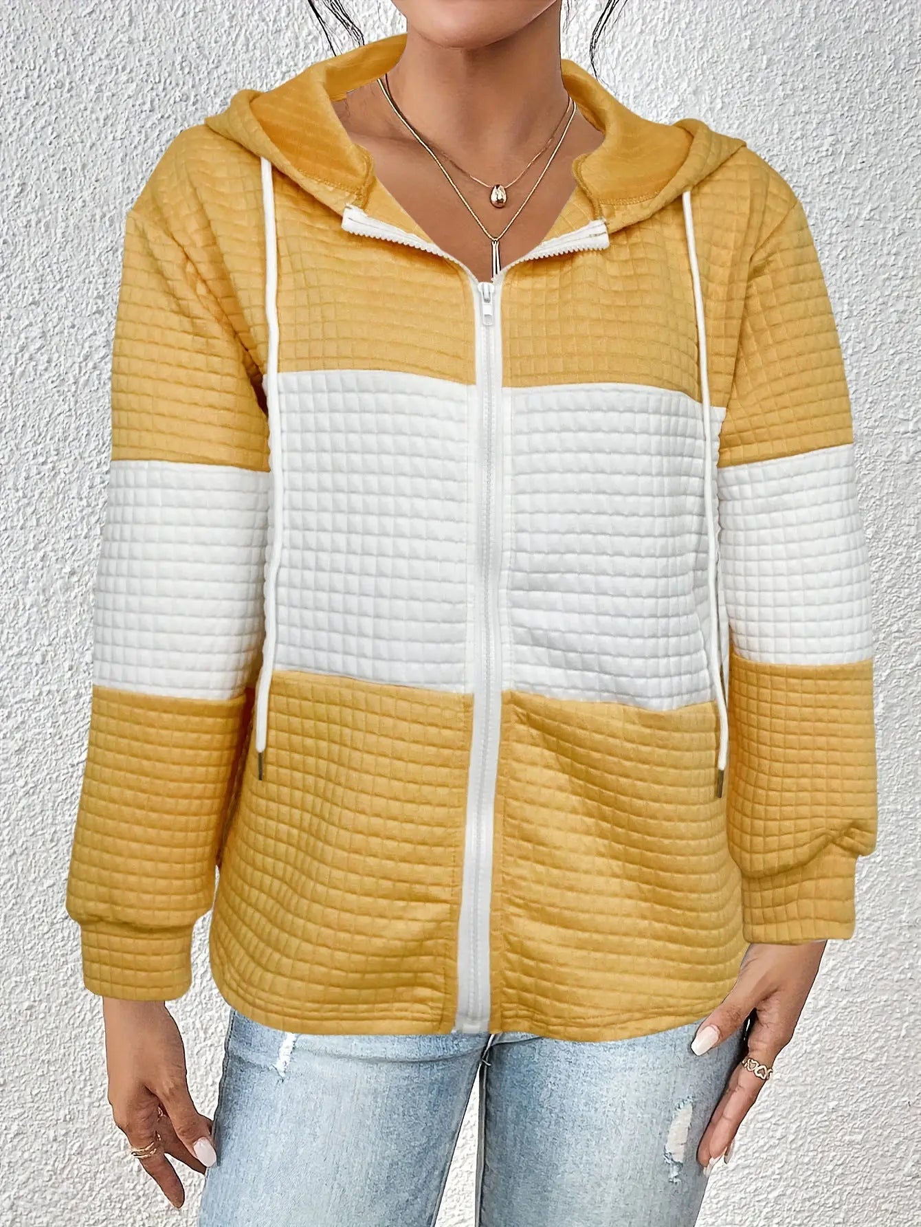 Women Color Block Plaid Hoodie Open Front Long Sleeve Casual Zip Sweatshirt Bella Mia