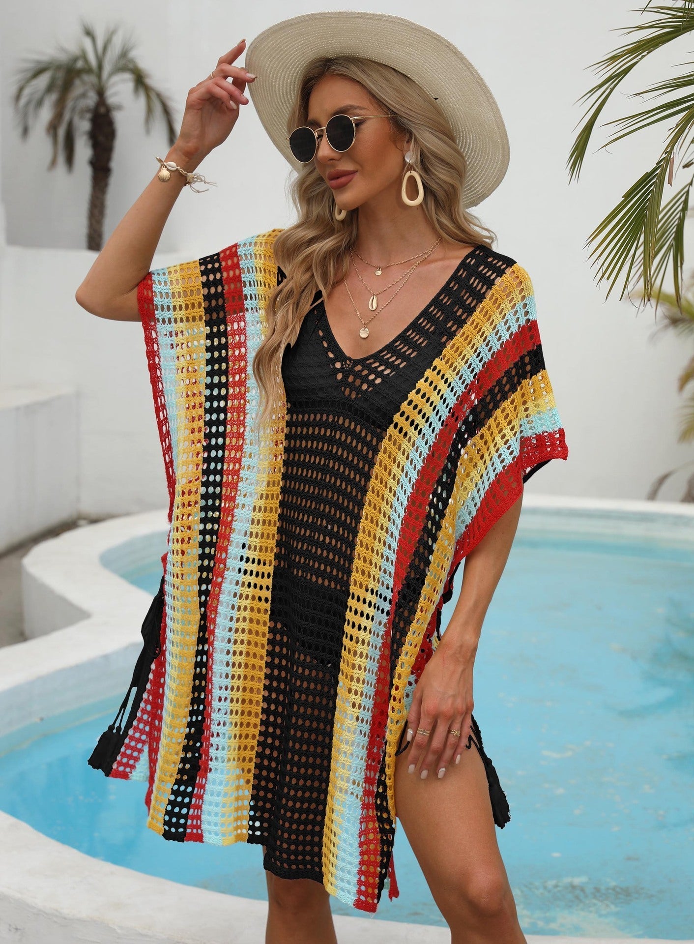 Women Clothing Color Contrast Patchwork Woven Hollow Out Cutout Beach Vacation Beach Cover Up Lace Up Dress Bella Mia