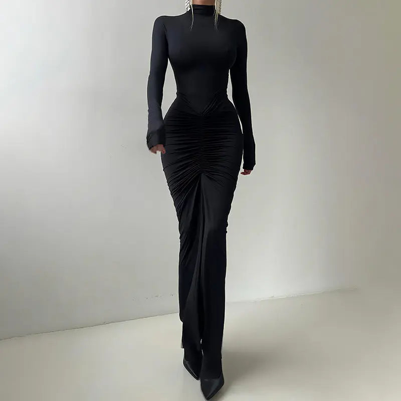 Women Clothing Autumn Solid Color Elegant Slim Slimming Pleated Turtleneck Long Sleeve Dress Bella Mia