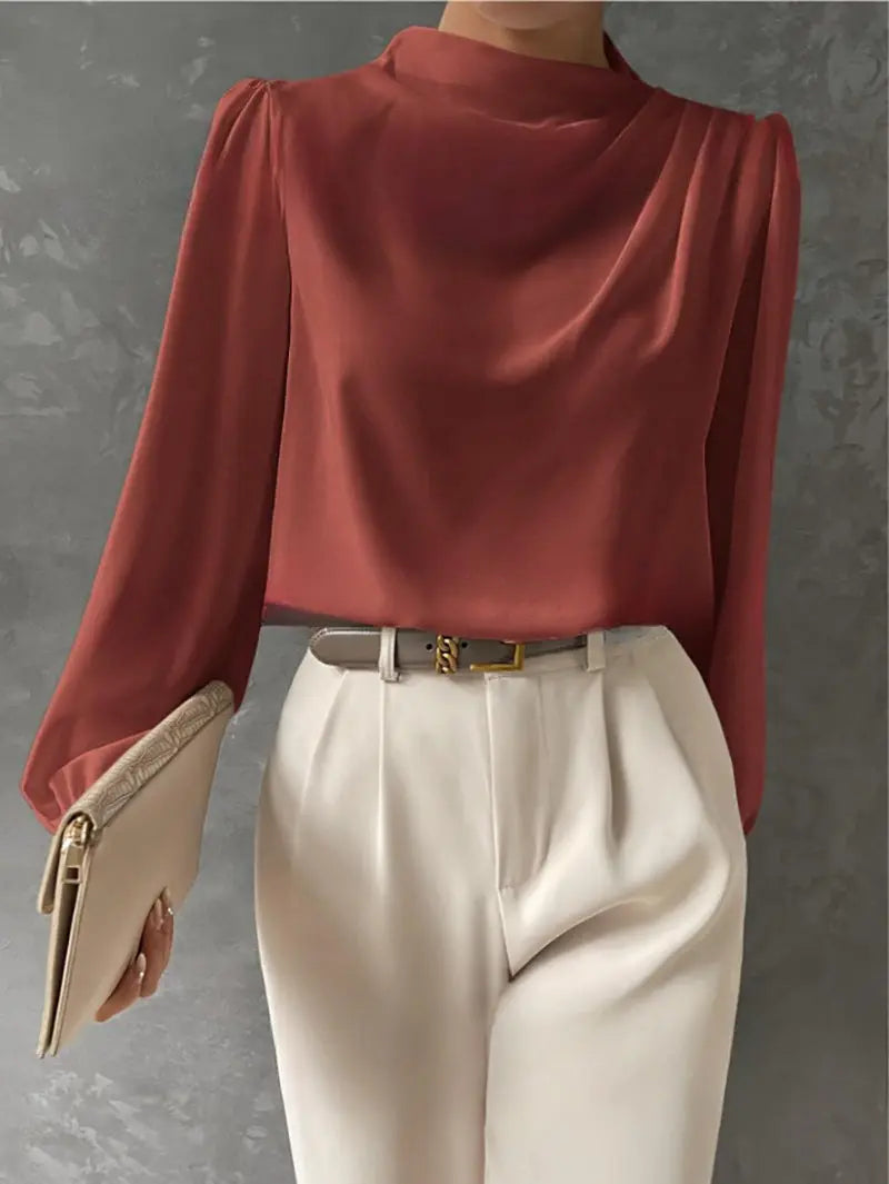 Solid Color Pleated Women Shirt Elegant Pullover Satin Top Office Long Sleeve Top Bella Mia