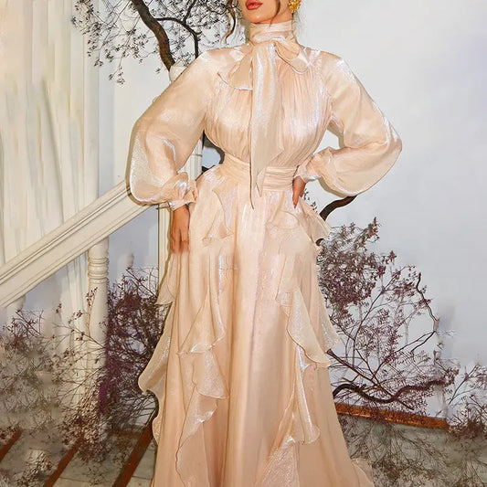 French Elegant Socialite Fairy Dress Summer Stand up Collar Puff Sleeve Pleated Waist Tight Dress Women Bella Mia