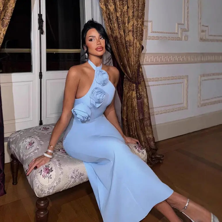 Women Three Dimensional Floral Halter Backless Bodycon Maxi Dress For Party Club Bella Mia