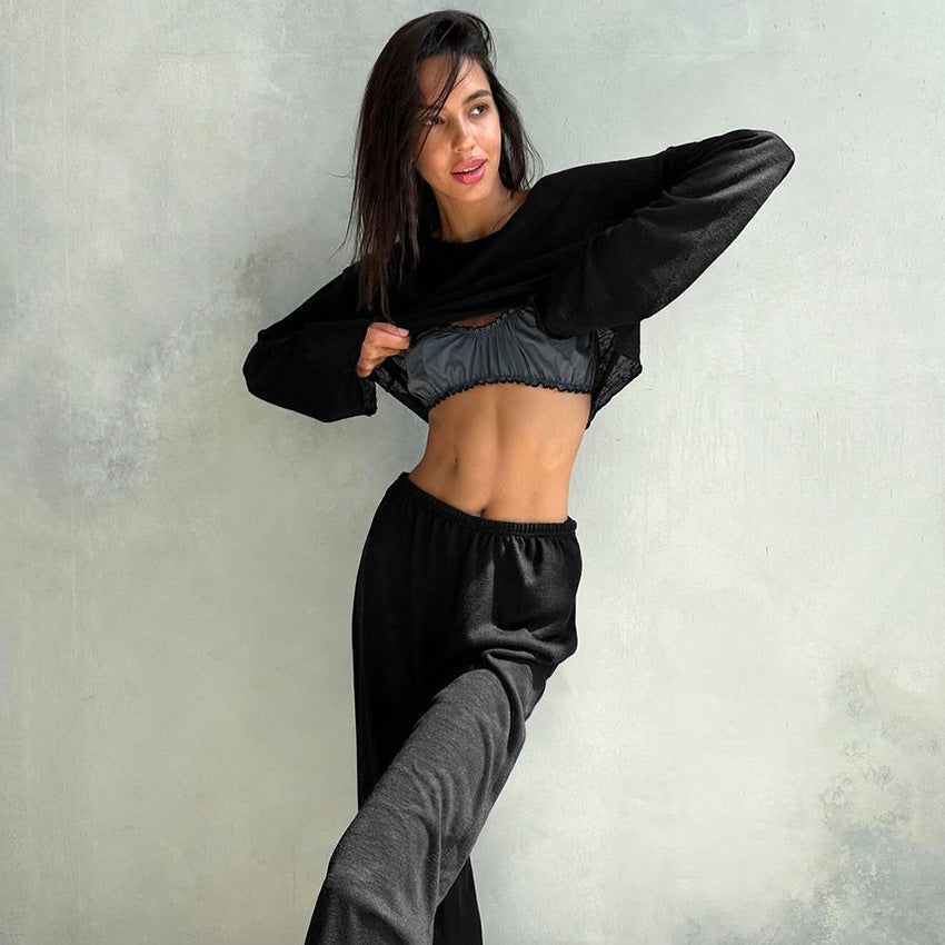 Autumn White Knitted Fabric round Neck Long Sleeved Trousers Pajamas Two Piece Loose Comfortable Ladies Homewear Bella Mia