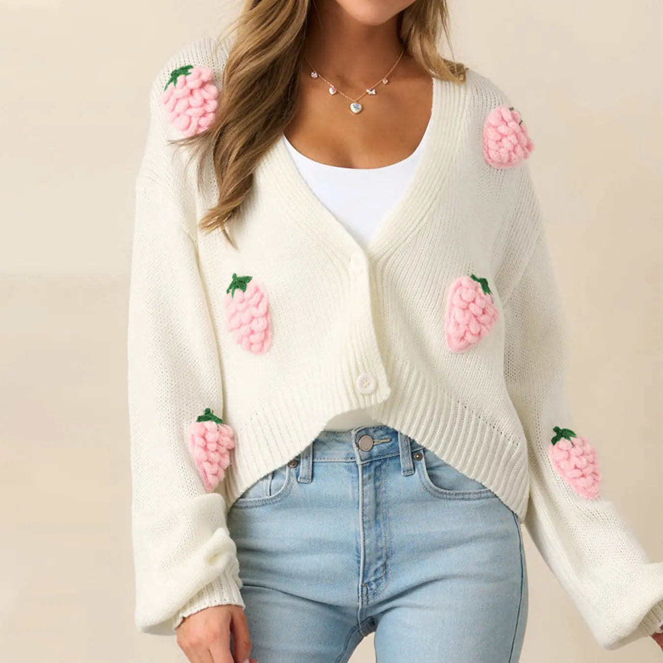 3D Strawberry Pattern Women Elegant Sweater Cardigan Autumn Winter Button Long Sleeve Sweater Bella Mia