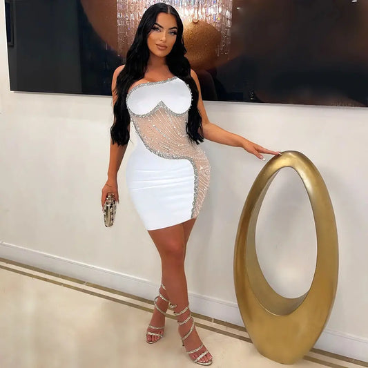 Women Solid Color Mesh Rhinestone Strap Dress Bella Mia