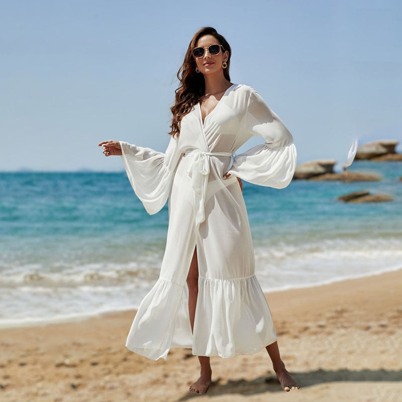 Chiffon Bell Sleeve Sun Protection Cardigan Long Beach Jacket Vacation Bikini Swimsuit Outwear Blouse Bella Mia