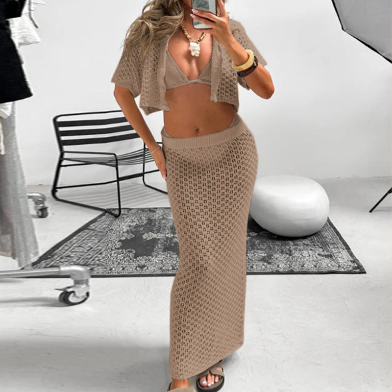 Short Sleeved Cardigan Hollow Out Cutout out Top Slim Fit Long Knitted Skirt Sun Proof Beach Skirt Bella Mia
