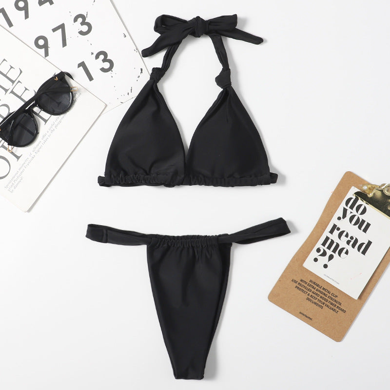 Nylon Double Sided Women Split Solid Color Sexy Bikini Halter Lace Up Triangle Bikini Swimsuit Bella Mia