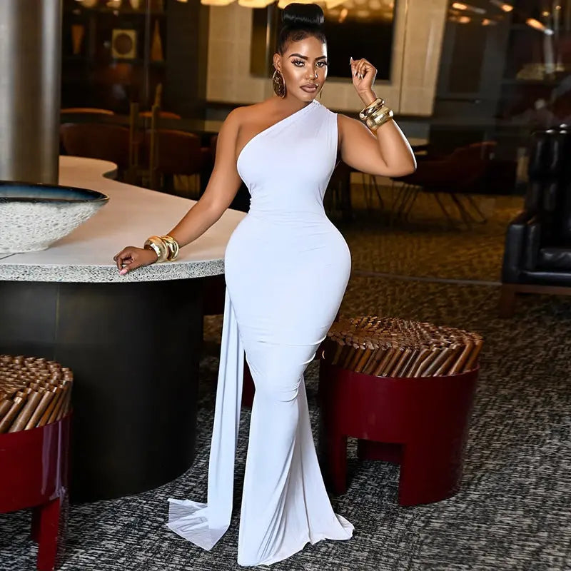 Women Clothing Tied Slim Fit Design Slimming Hip Pleated Diagonal Collar Shoulder Solid Color Length Dress Bella Mia