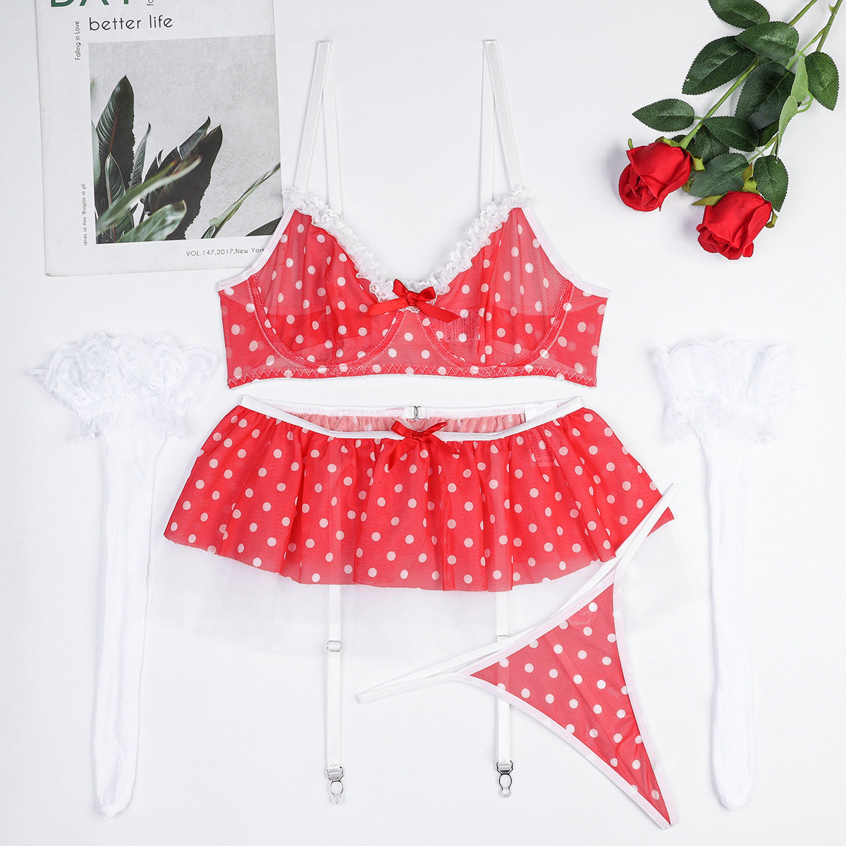 Red White Polka Dot Contrast Color Mesh Cute Puffy Net Skirt Hemline Sweet Holiday Sexy Lingerie Three Or Four Piece Suit Bella Mia
