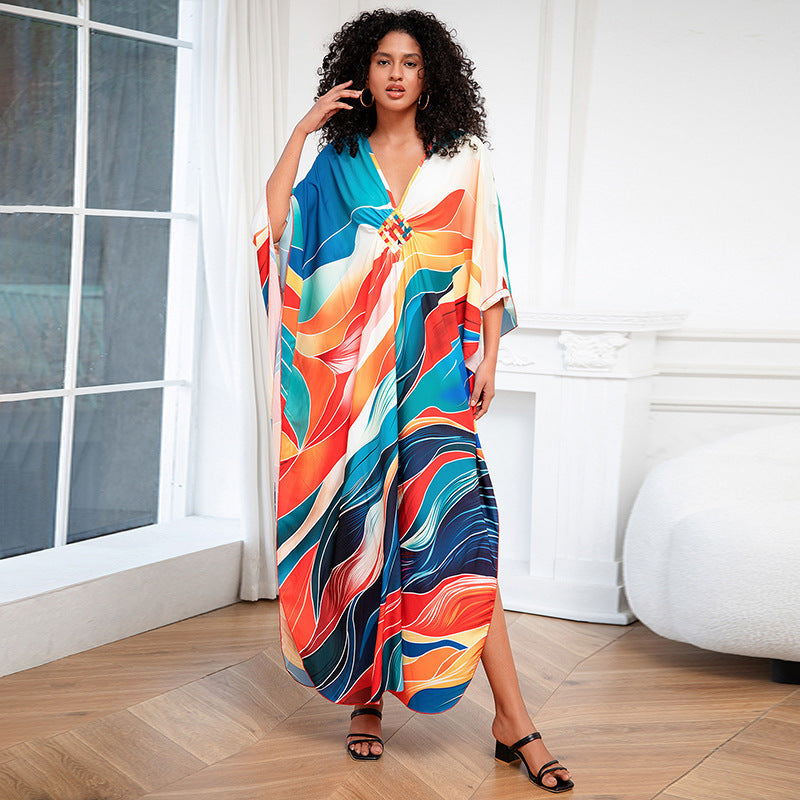 Positioning Print Holiday Loose plus Size Robe Beach Cover up Dress Bikini Cover-up Women's Clothing