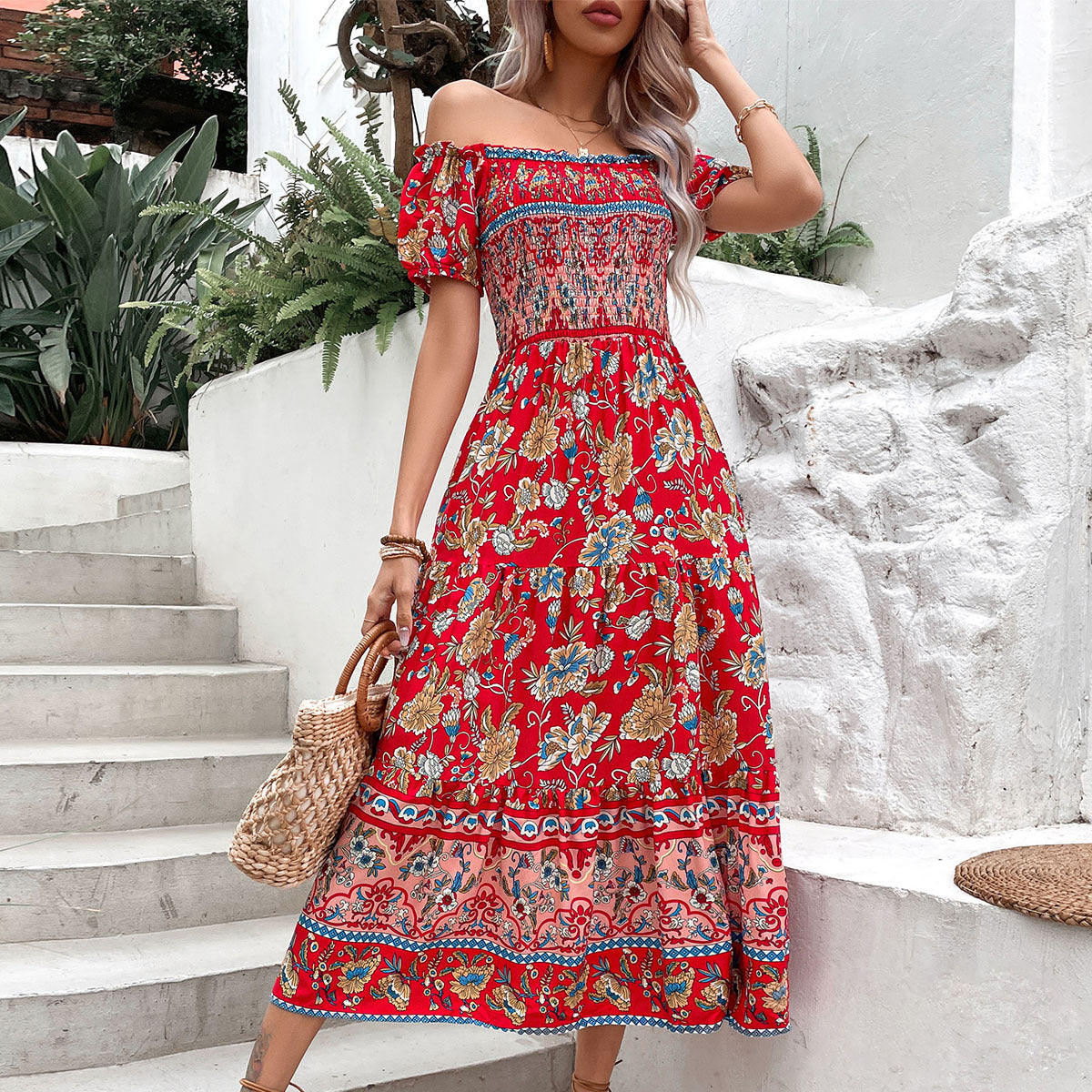 Summer Ethnic Women Clothing Off Neck Printed Dress Bella Mia