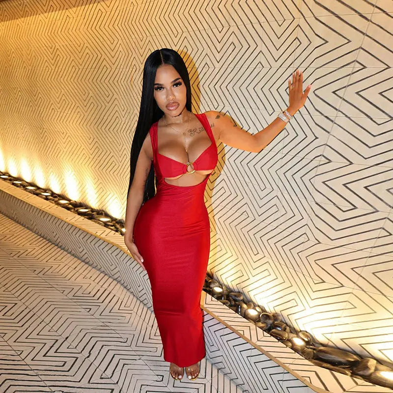 Fall Women Clothing Sexy Solid Color Sling Waist Slim Backless Sexy Dress Bella Mia