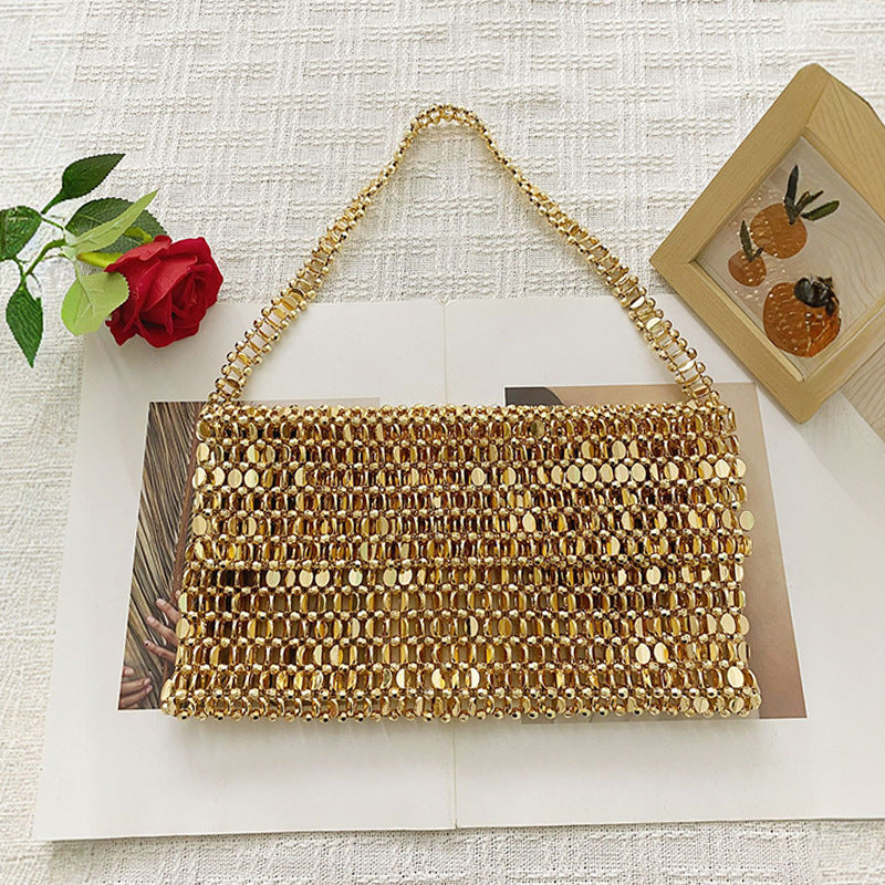 Shiny Flat Melon Seeds Beads Woven Bag Large Capacity Portable Underarm Flip Women Bag Handmade Casual Square Bella Mia