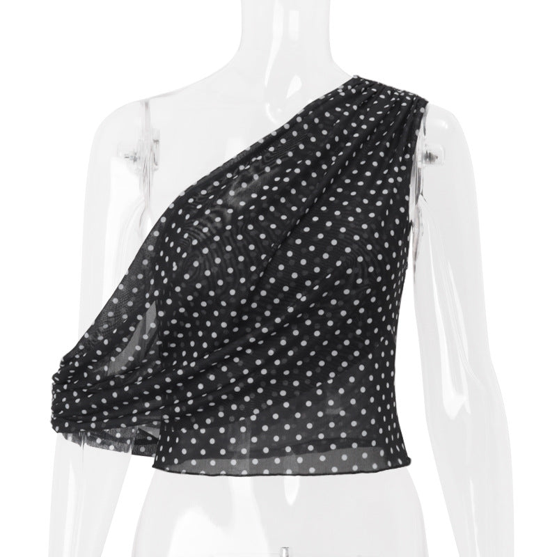 Women Clothing Summer Sexy Diagonal Collar Polka Dot Chiffon See through Irregular Asymmetric Top Women Bella Mia