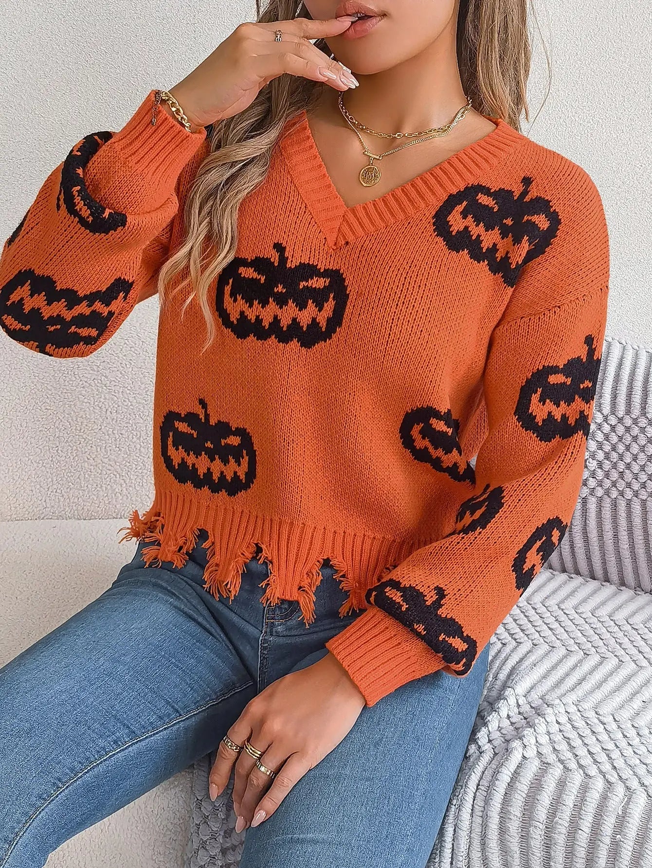 Autumn Winter Halloween Contrast Color Pumpkin Cut Rotten Long Sleeve Pullover Women Clothing Bella Mia