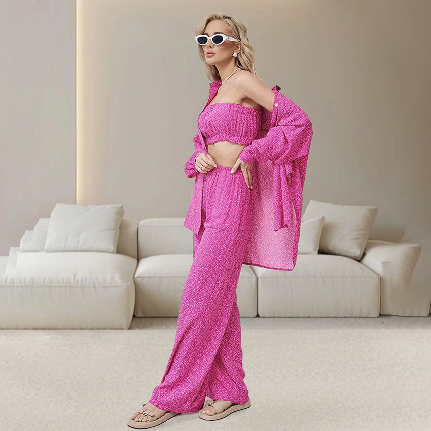 Autumn Blue Color Leopard Print Pajamas Tube Top Cardigan Long Sleeve Pants Women Homewear Bella Mia