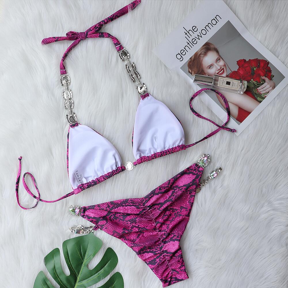 Bikini New Bikini Sexy Snakeskin Printed Crystal Diamond Women Split Swimsuit Beach Swimsuit Bella Mia
