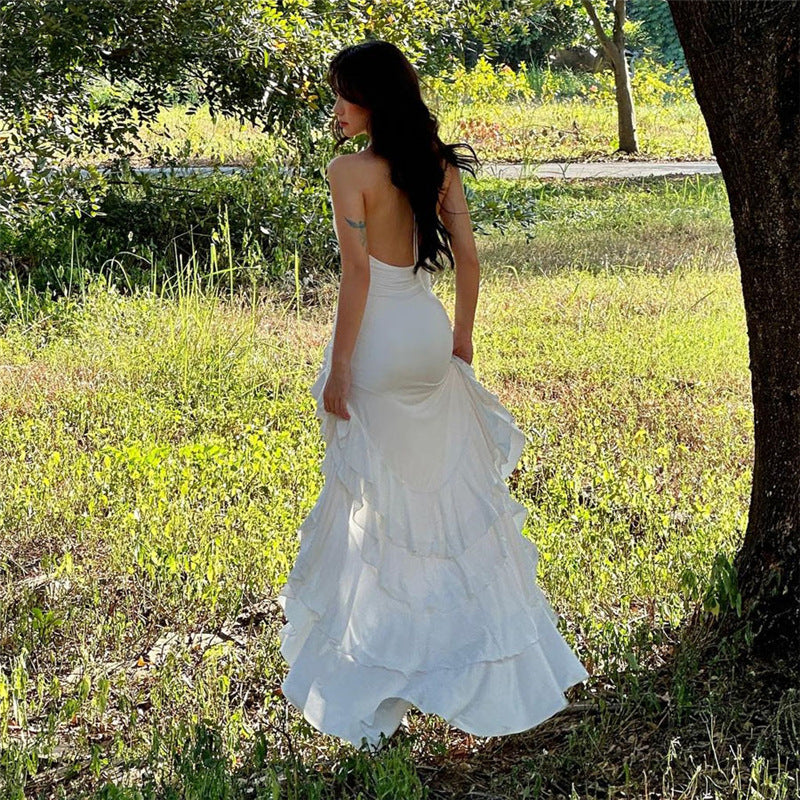 Spring Women Clothing Halter Backless Slim Fit Solid Color Ruffles Dress Bella Mia