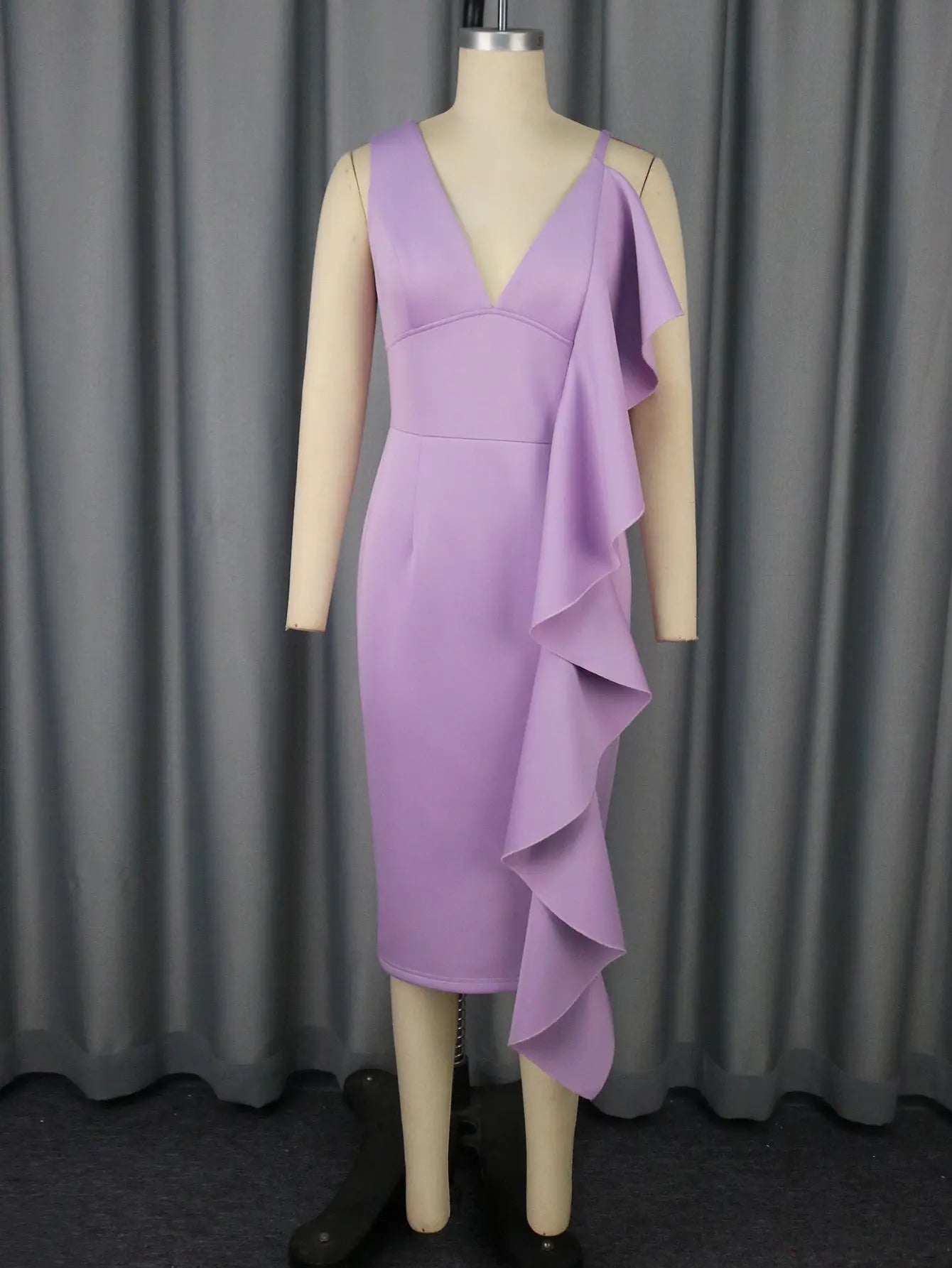 Women V Neck Sleeveless Backless Ruffle Slim Fit Midi Sheath Cocktail Dress Bella Mia