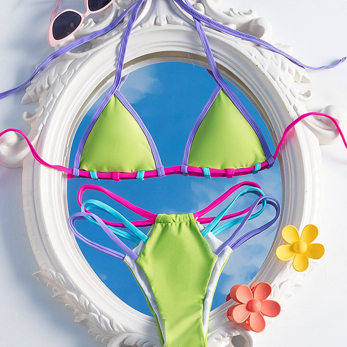 Split Two Piece Set Halter Colorful Ropes Strap Sexy Bikini Swimsuit for Women Bella Mia