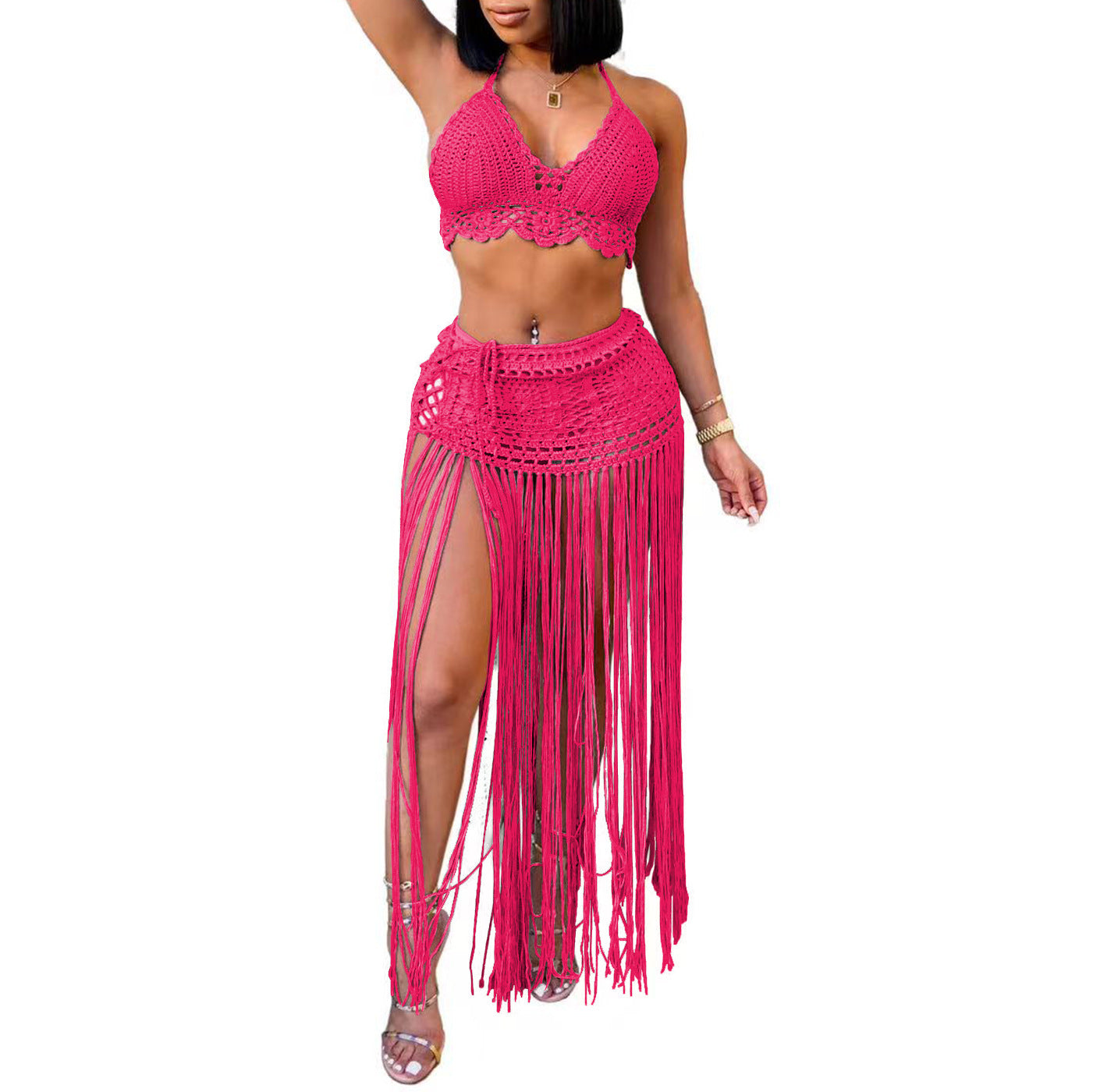 Women Suit Women Clothing Pure Hand Crocheting Beach Bikini Top Lengthened Tassel Skirt Two Piece Set Bella Mia