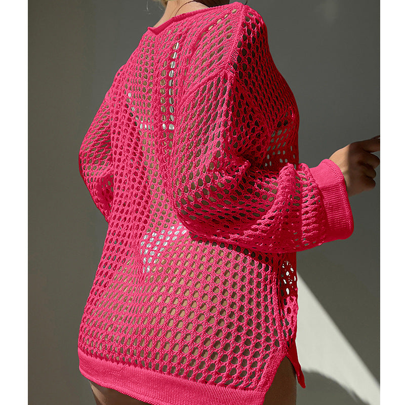 Summer Vacation Sexy Cutout Big round Neck Loose Pullover Bikini Sunscreen Knitted Beach Cover up Crochet hook Bella Mia