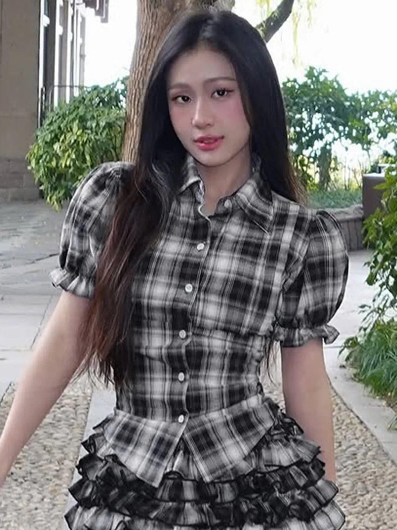 Korean Sweet Girl Preppy Plaid Puff Sleeve Shirt Irregular Asymmetric Hem Waist Slimming Single Breasted Cardigan Top Skirt Sets Bella Mia