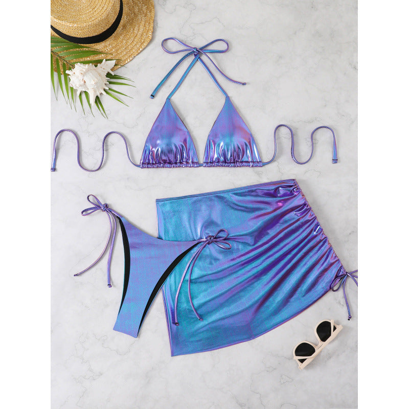 Swimwear Women Bronzing Three Piece Sexy Bikini Solid Color Metal Split Triangle Bag Beach Swimsuit Bella Mia