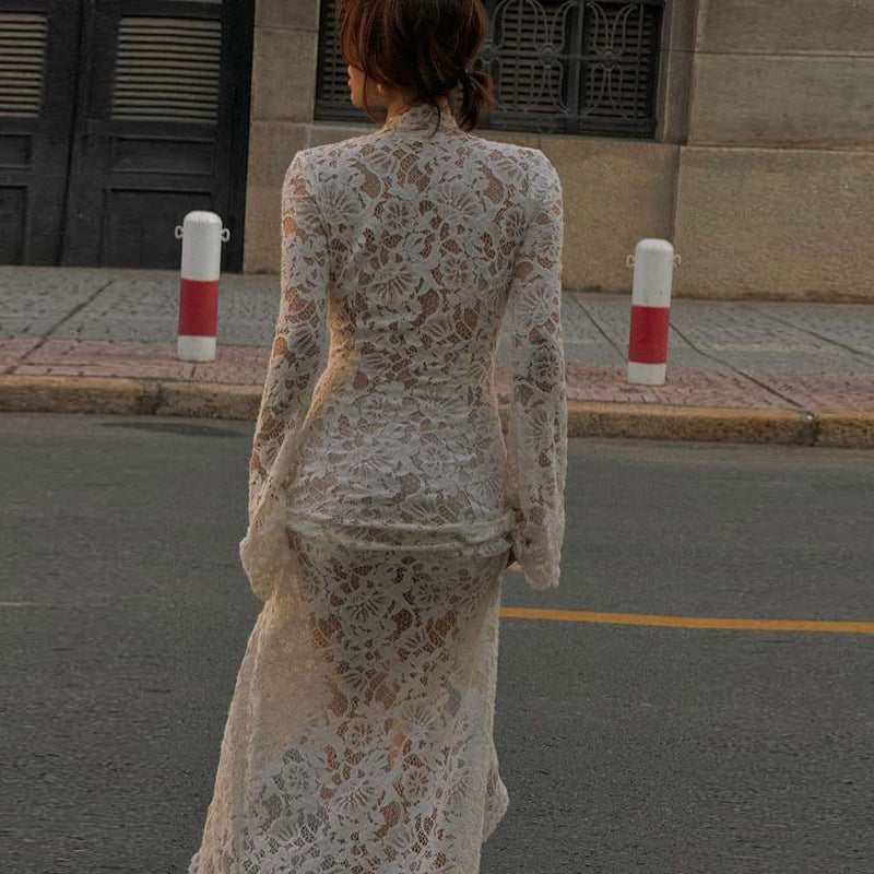 Autumn Winter Women Clothing Sexy Lace Cutout Deep V Plunge neck Lace up Slit Slim Fitting Long Sleeve Dress Bella Mia