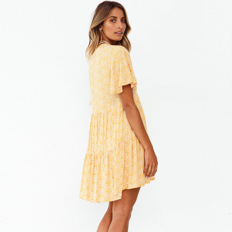 Spring Summer New V-neck Flared Short Sleeve Printed Pleated Large Swing Dress Women Clothing