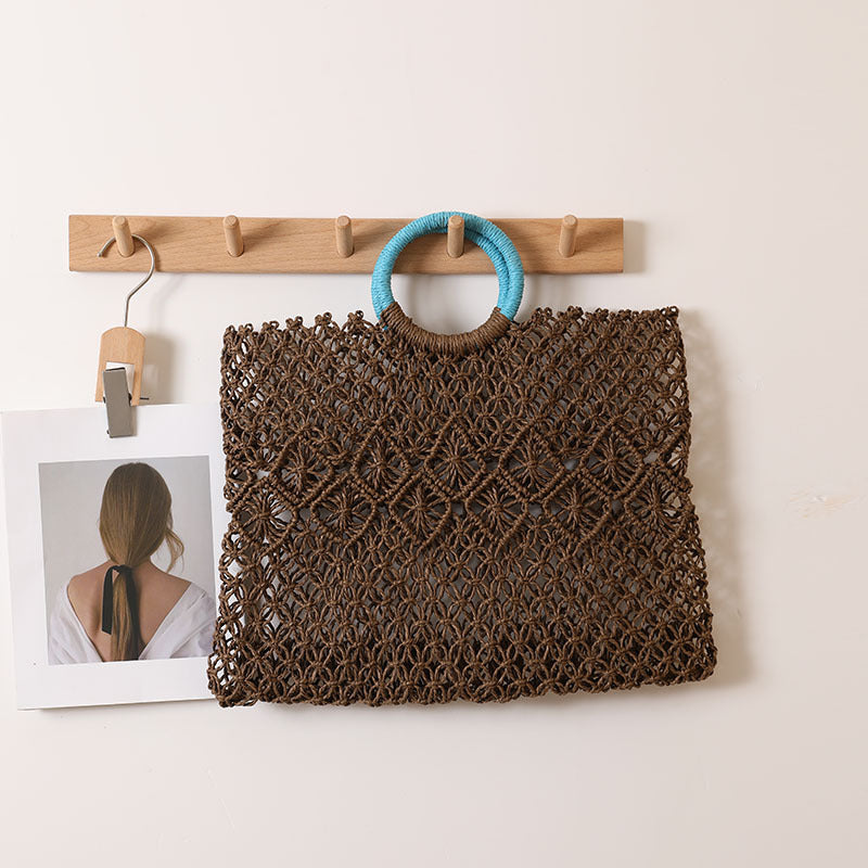 Round Handle Portable Square Straw Bag Summer Hollow Out Cutout Pattern Straw Bag Woven Bag Women Seaside Vacation Beach Bag Bella Mia