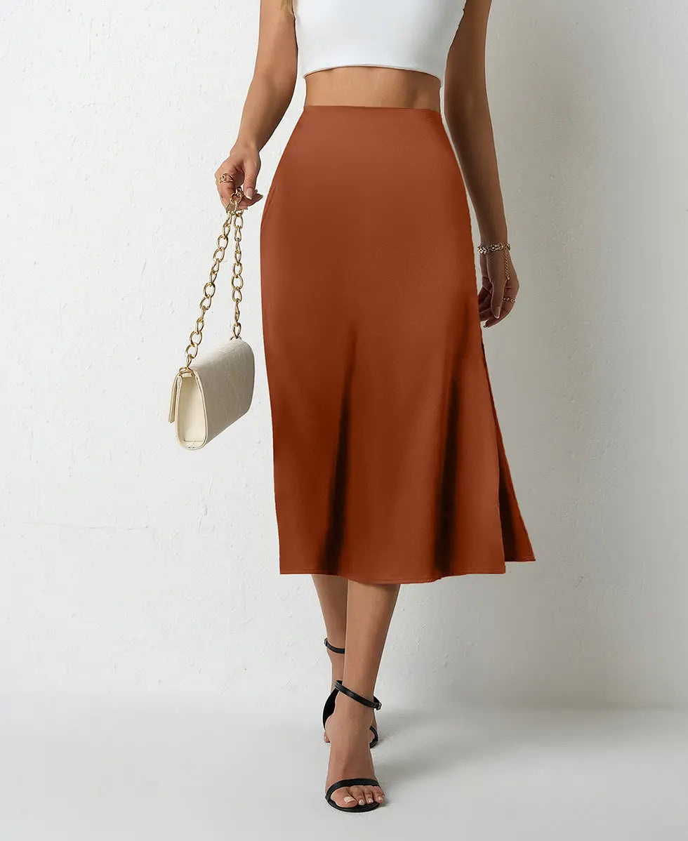 Women Clothing Popular Satin Skirt Women Summer Mid Length Split Professional A line Skirt High Waist Skirt Bella Mia