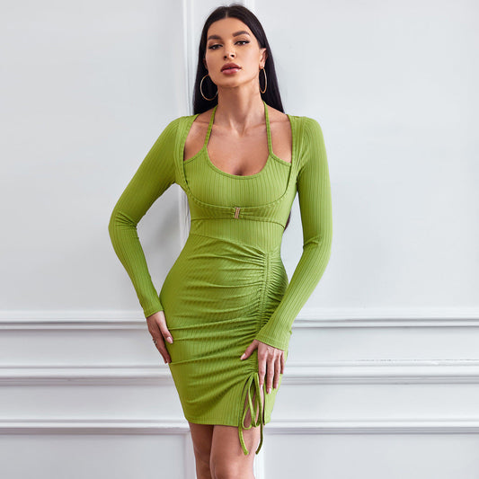 Women Clothing Faux Two Piece Pleating Slim Fit Hip Knitted Long Sleeve Short Dress Mini Dress Bella Mia