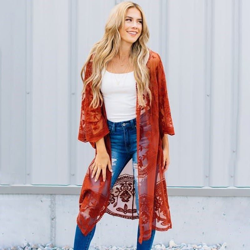 Lace Mesh Embroidered Beach Cover up Sexy Cardigan Sunscreen Beach Bella Mia