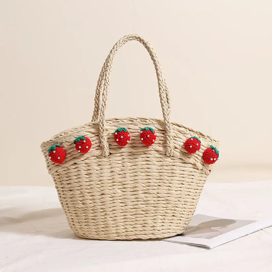 Strawberry Straw Basket Bag With Handles Large Capacity Beach Tote Bella Mia