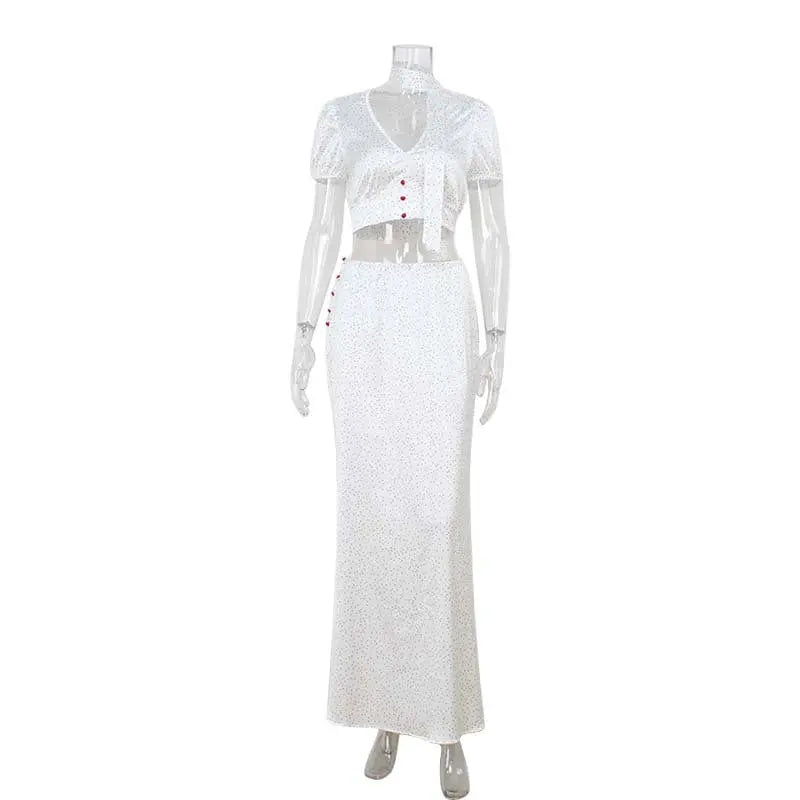 Elegant High Grade Polka Dot Satin Fishtail Skirt Skirt V neck Short Top Sexy Two Piece Sets Bella Mia