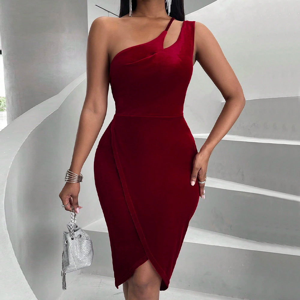 Sexy Sexy Velvet Slim Fit Slimming Sense of Design One Shoulder Hip Dress Bella Mia