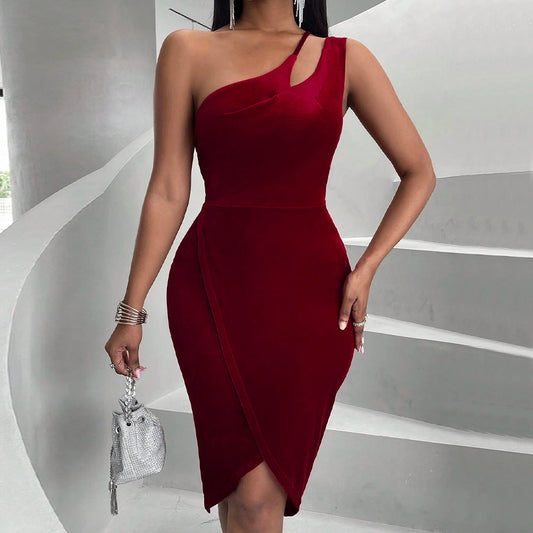 Sexy Sexy Velvet Slim Fit Slimming Sense of Design One Shoulder Hip Dress Bella Mia
