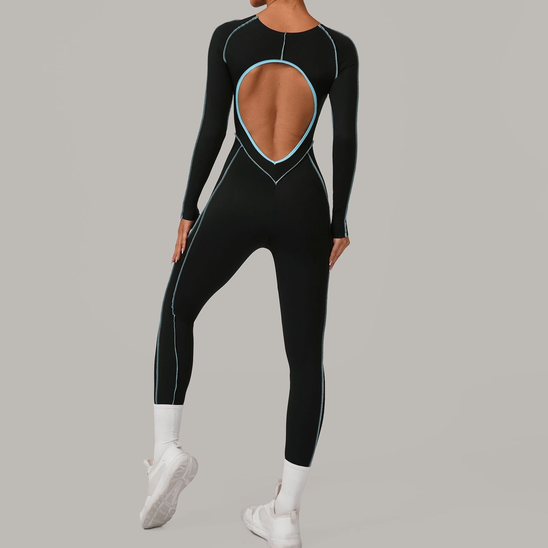 Three Dimensional Cut Color Matching Long Sleeve Yoga Jumpsuit High Strength Fitness Sports One Piece Tights Bella Mia