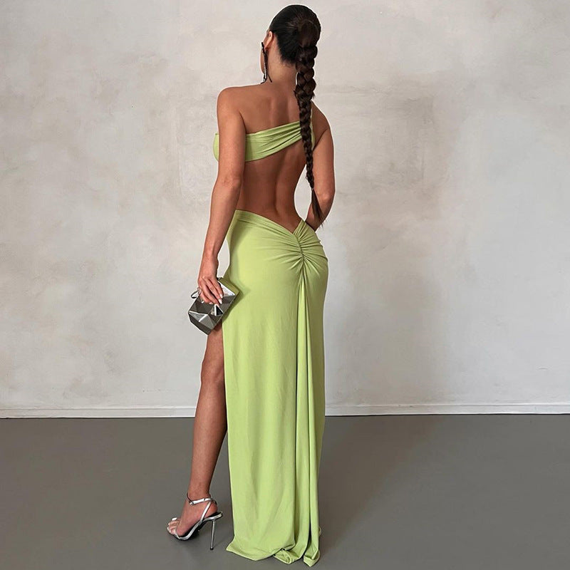 Sloping Shoulder Dress Solid Color Pullover Sexy Backless Evening Dress Long Socialite Split Bella Mia