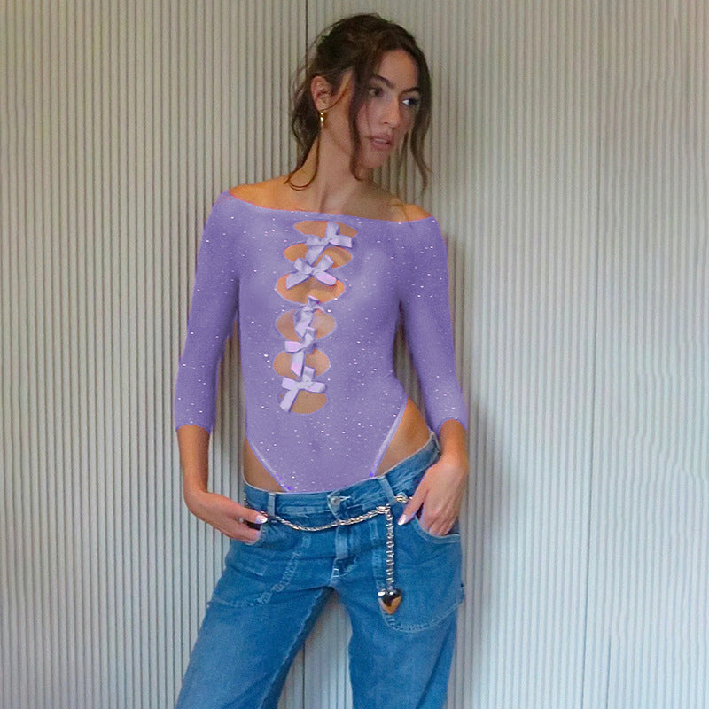 Autumn Sexy High Elastic Knitted See through Bow Hollow Out Cutout Rhinestone Jumpsuit Bella Mia